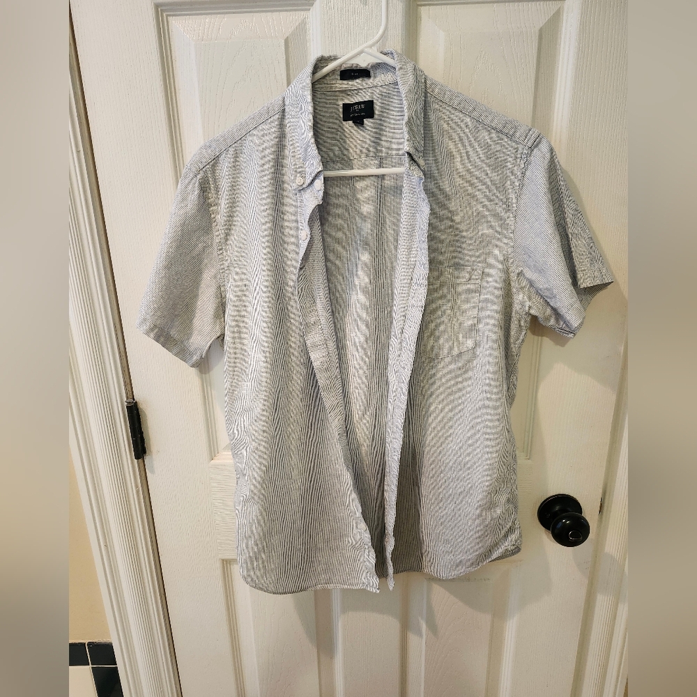 J Crew Cotton Linen Blue Stripe Collared Shirt